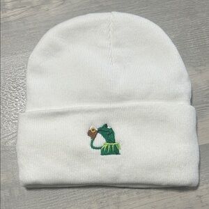 Knit Winter Hat with Kermit Tea Meme Embroidery - NWOT Adult Size
